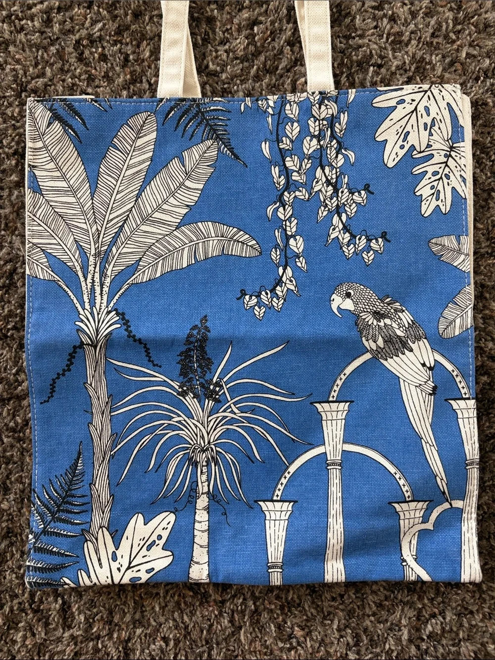Clarins Blue & White Tropical Print Canvas Medium Tote Bag w/ Parrot & Palm Tree